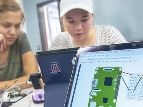 Two students working on an analytics project using laptops.