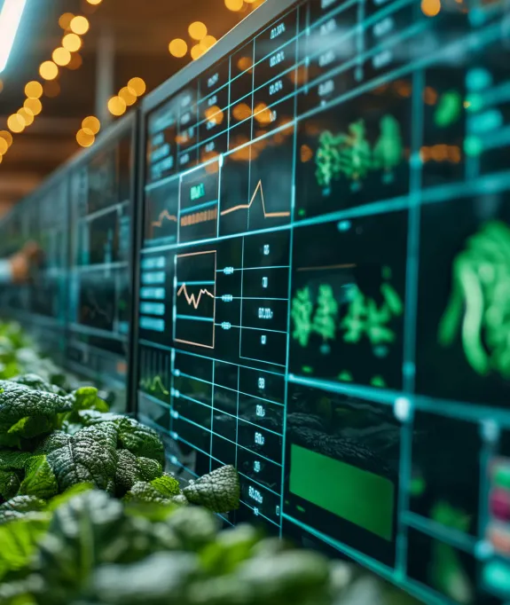 A person working with a digital interface and plants in a greenhouse.
